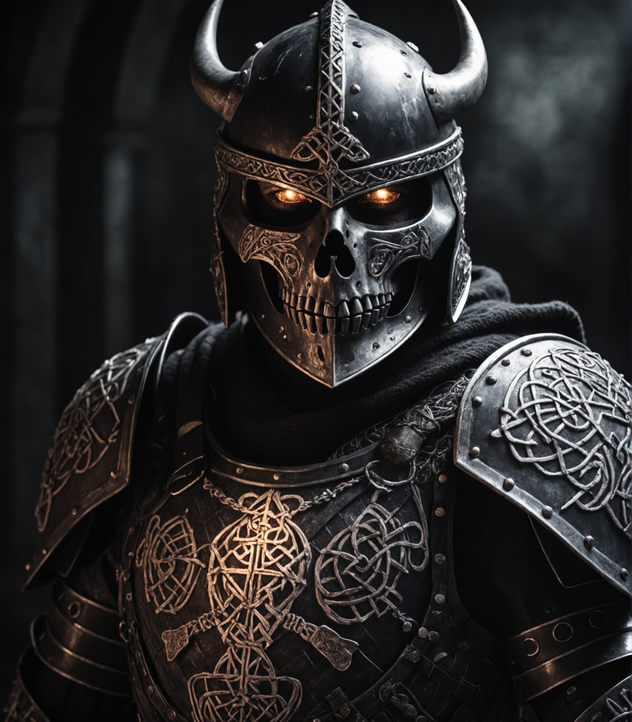 dark skeleton knight, black helmet, armor, awardwinning photo, face portrait, close up, glowing runes, viking knotwork